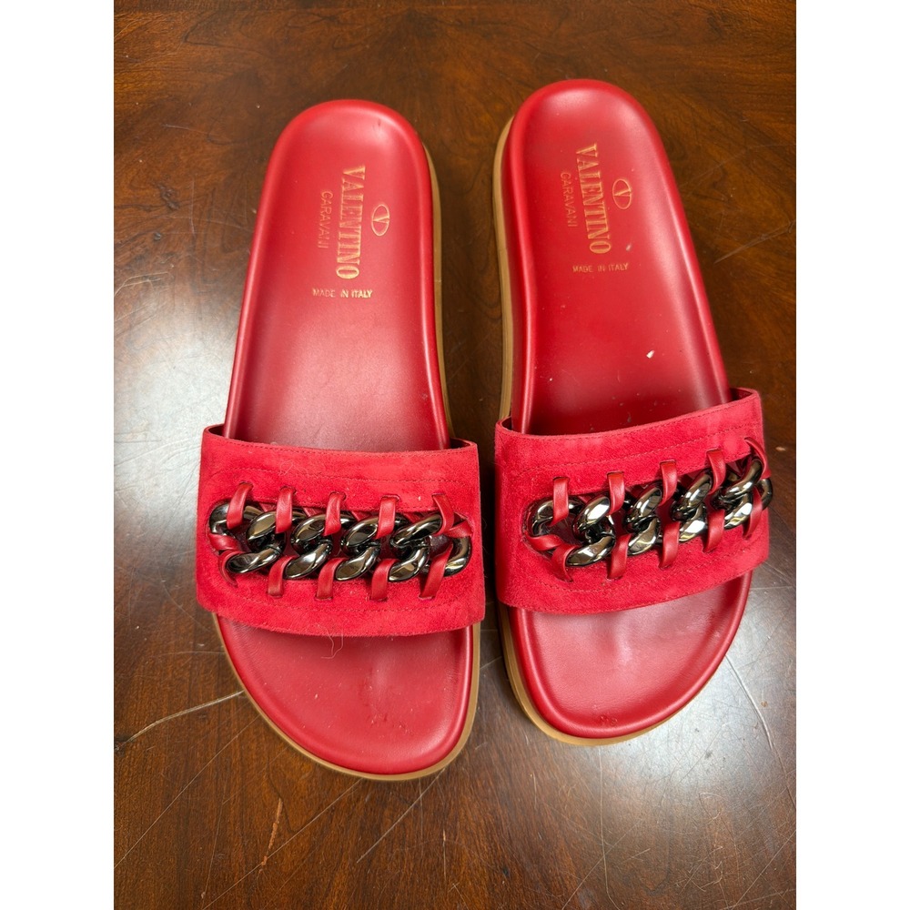 Valentino Garavani Red Suede Chain Link Slide Sandals Mens 39 Made in Italy